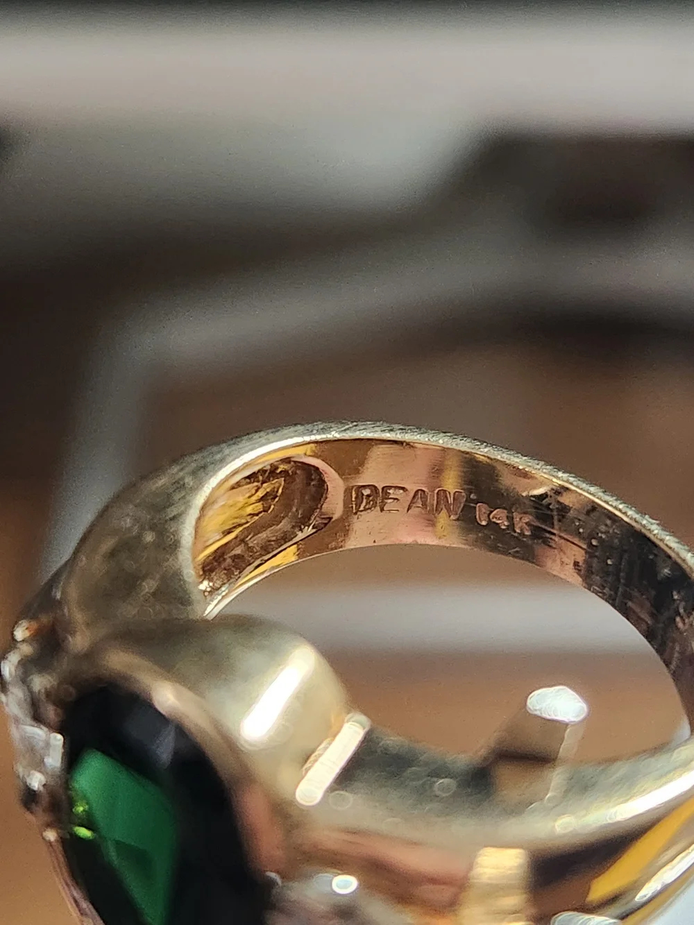 Gold Ring with Deep Green Tourmaline Stone and Trillion Diamond Accents